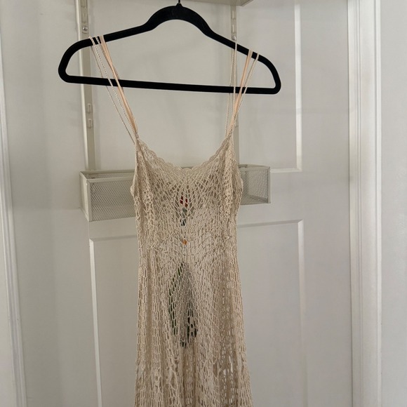 Farm Rio Beige Crochet Weave Maxi Coverup Dress Ruffle NWT Small Rare Festival - Picture 2 of 4